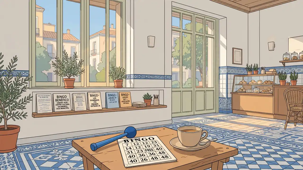 Interior de un café español con tarjeta de bingo y marcador sobre la mesa