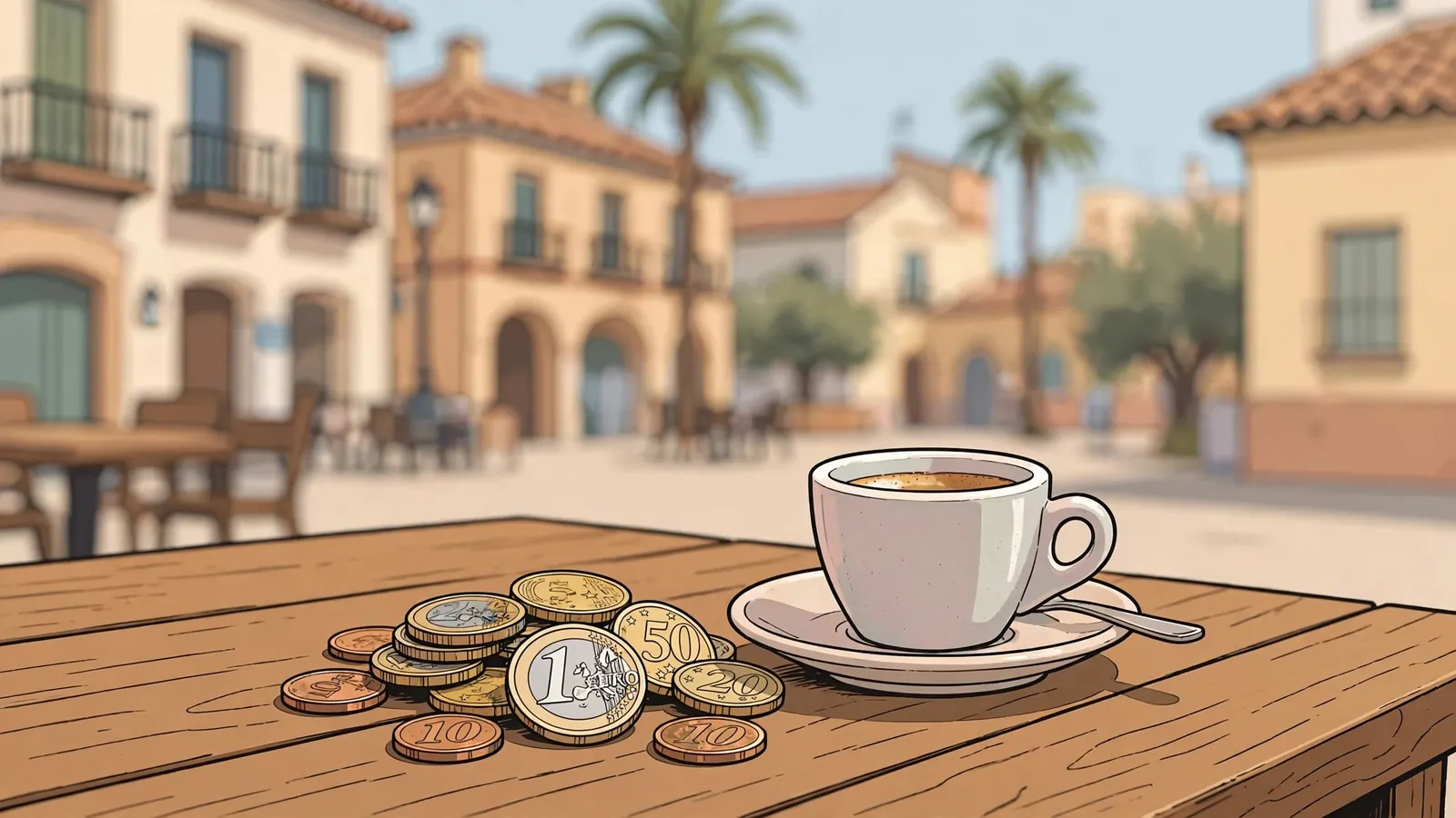 Pequeña pila de monedas de euro junto a un café en una plaza española soleada.