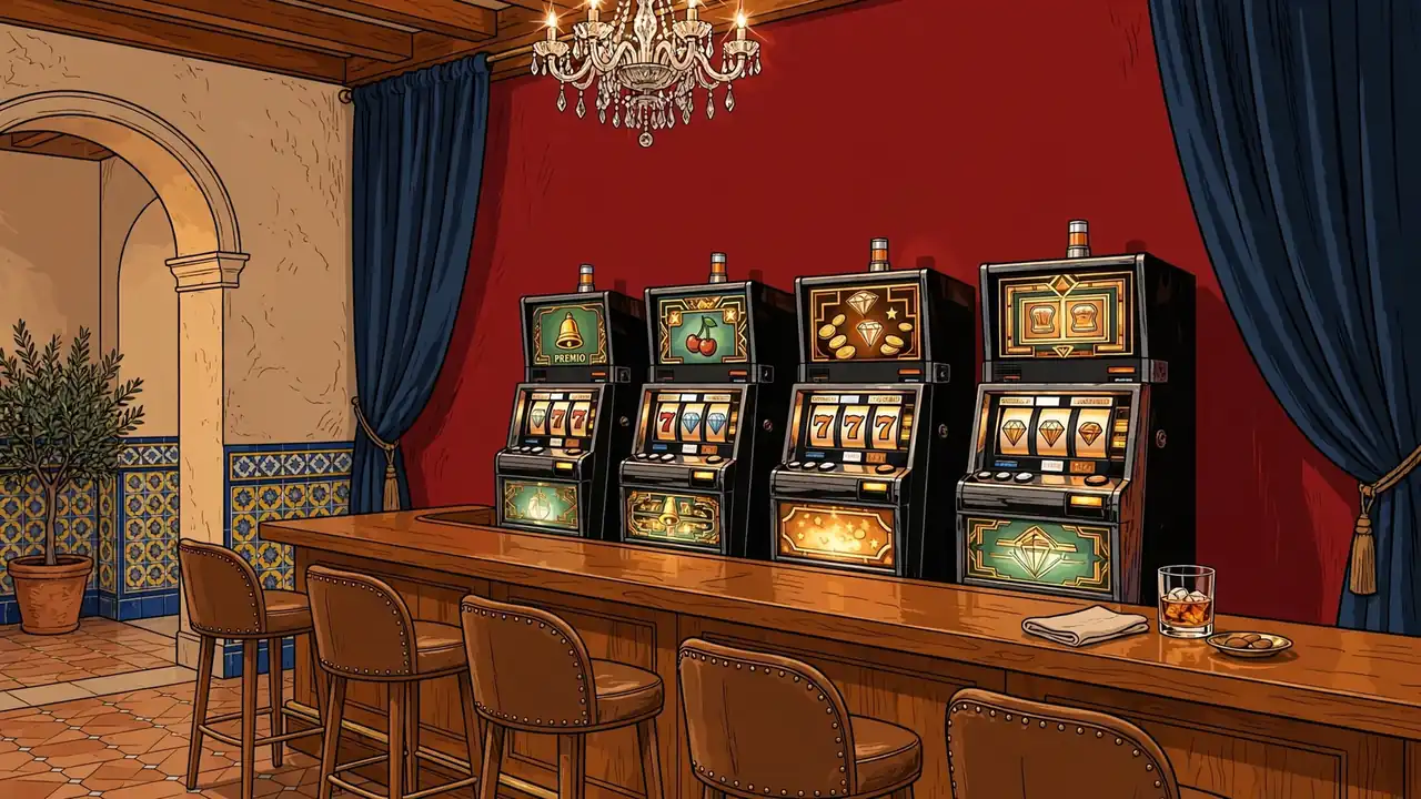 Interior de sala de casino española con máquinas tragaperras iluminadas y ambiente nocturno elegante