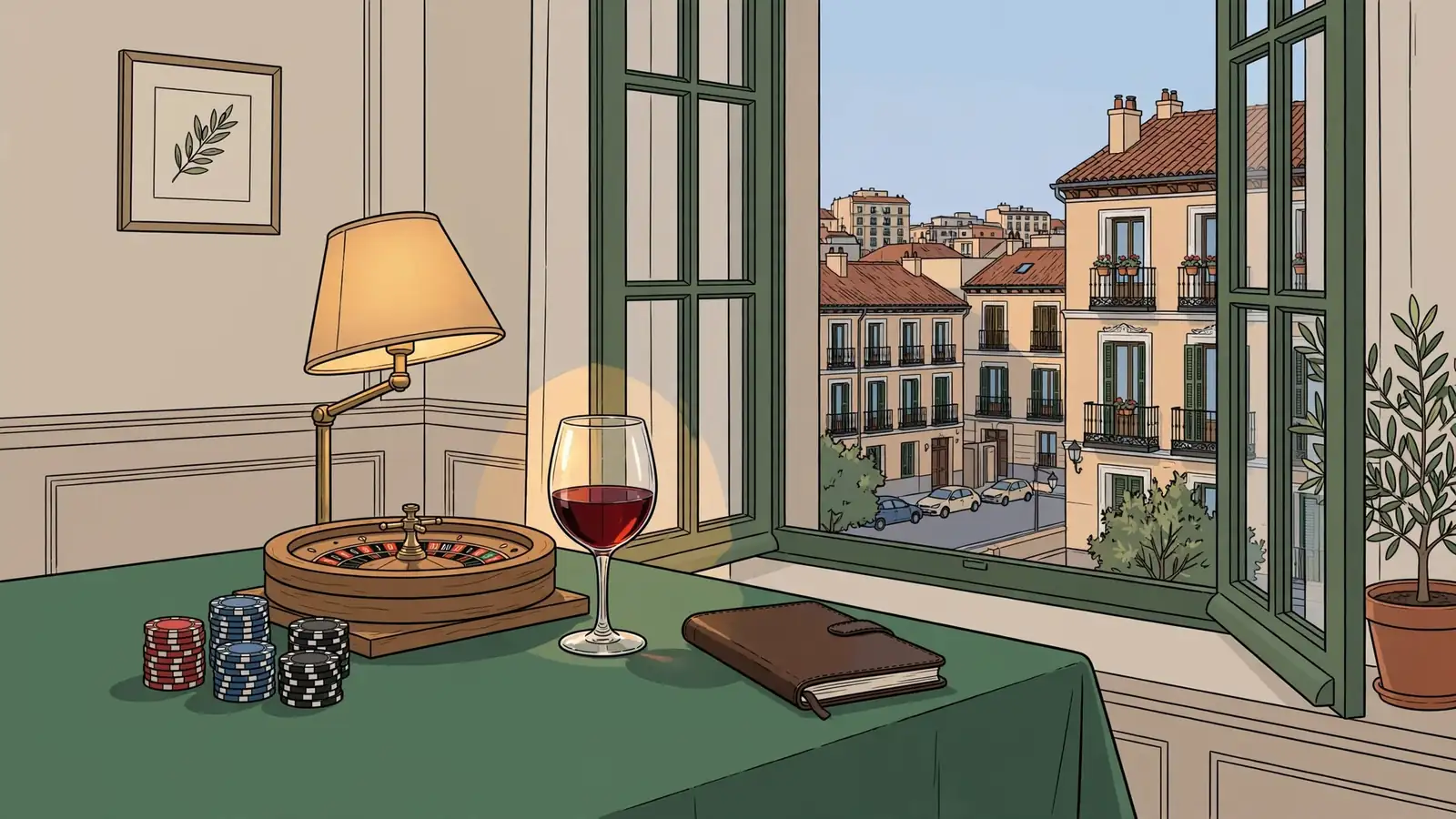 Mesa de casino con fichas y ruleta junto a una ventana al atardecer en Madrid.
