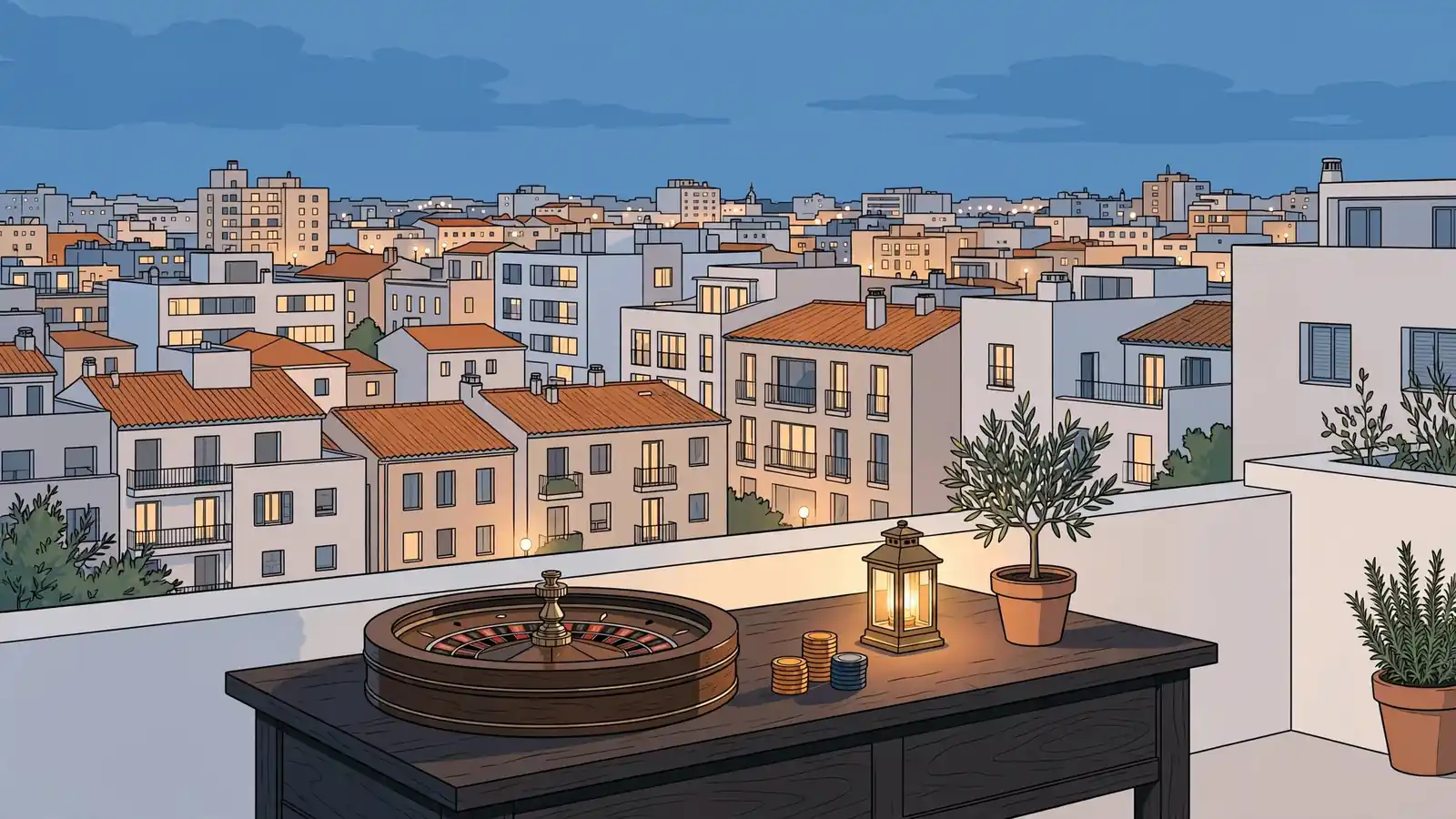 Ruleta y fichas en una terraza con skyline urbano español al atardecer.