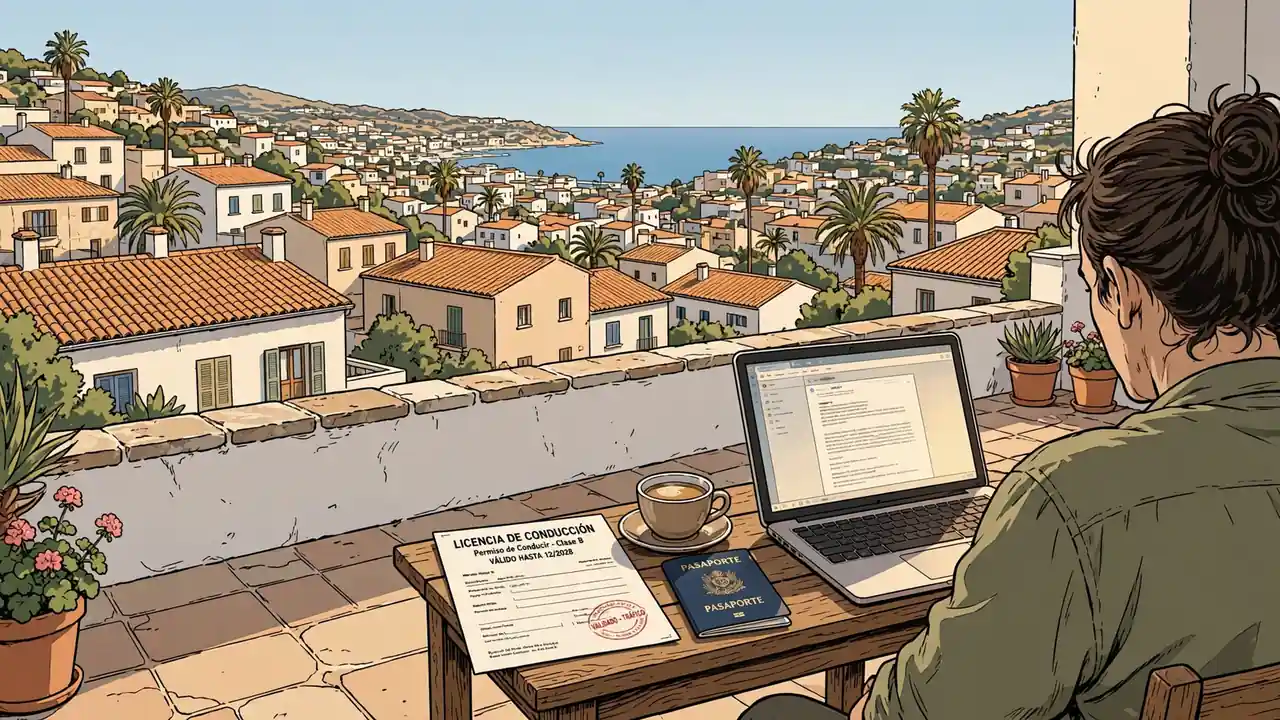 Terraza mediterránea española con portátil, pasaporte y documento con sello oficial al atardecer.