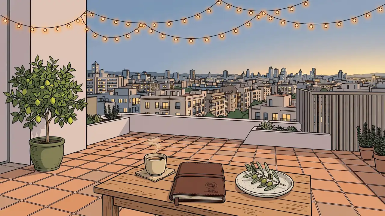 Terraza española al atardecer con café, libreta y limonero