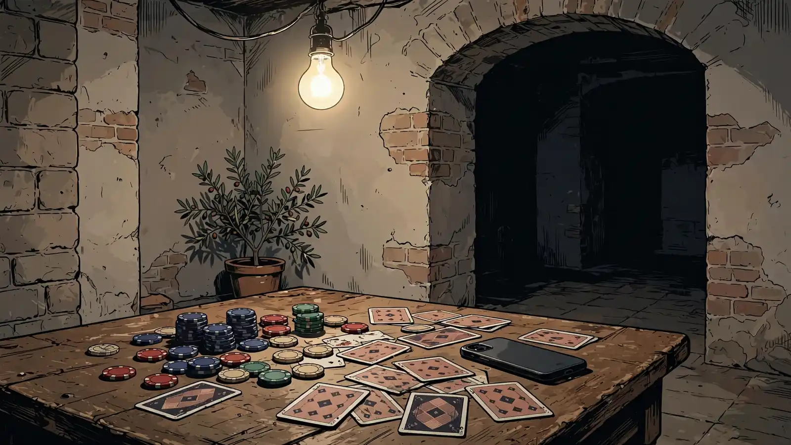 Mesa de juego clandestina con fichas, cartas y móvil boca abajo en un sótano español.