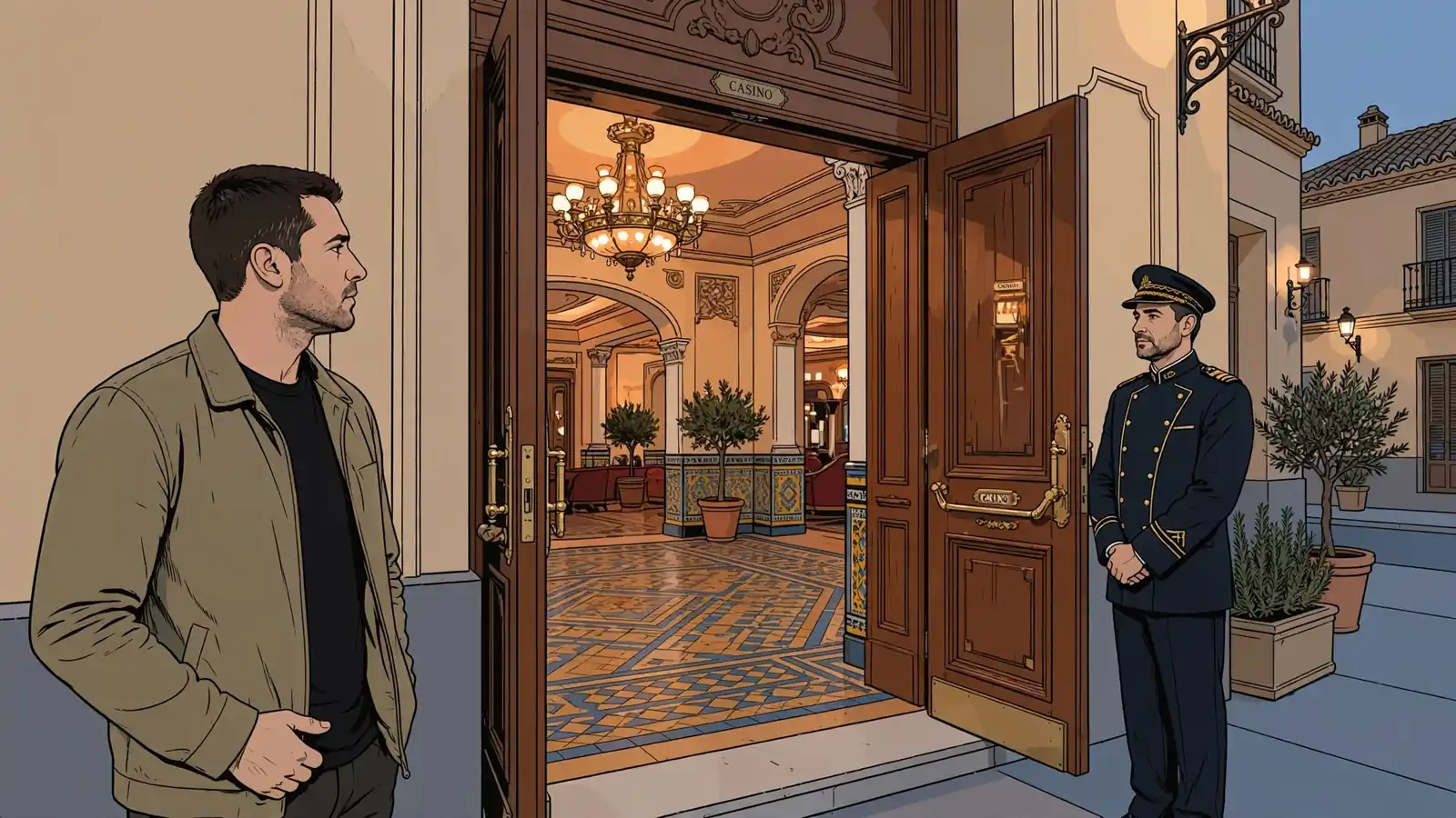 Entrada de un casino español al atardecer con un hombre dudando en la puerta