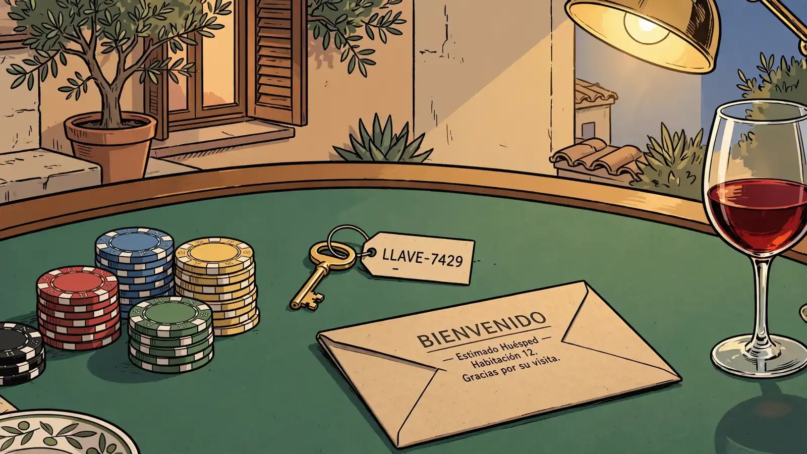 Mesa de casino con fichas, llave con código promocional y copa de vino español.