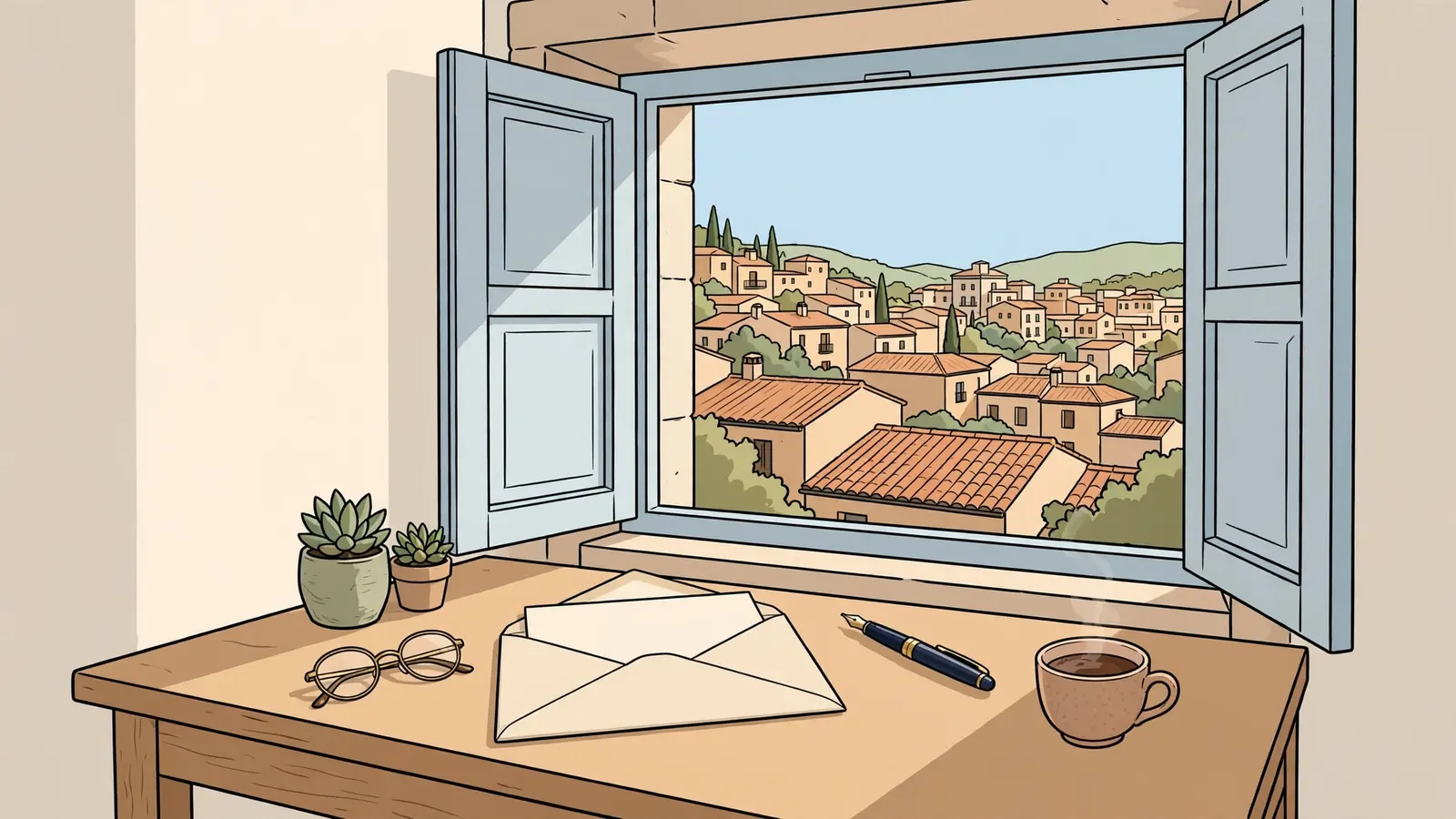 Escritorio de madera con sobre abierto, pluma y café junto a una ventana con tejados españoles.