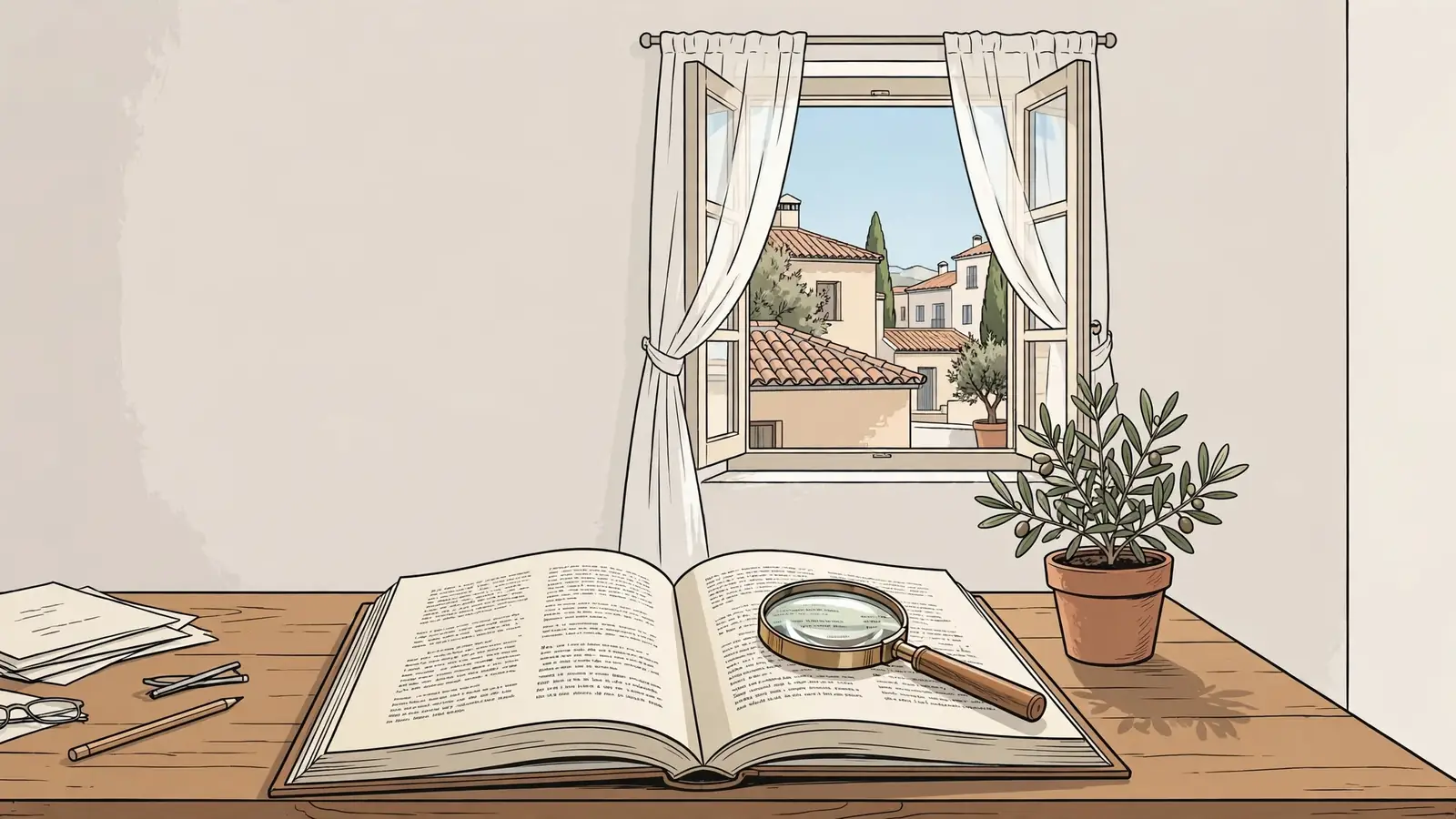 Libro abierto con lupa sobre un escritorio mediterráneo iluminado por luz natural.