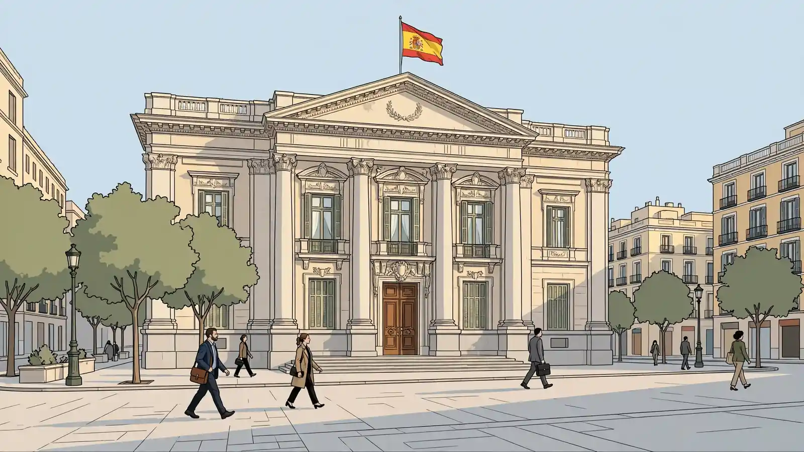 Fachada de edificio gubernamental neoclásico en Madrid con bandera española.
