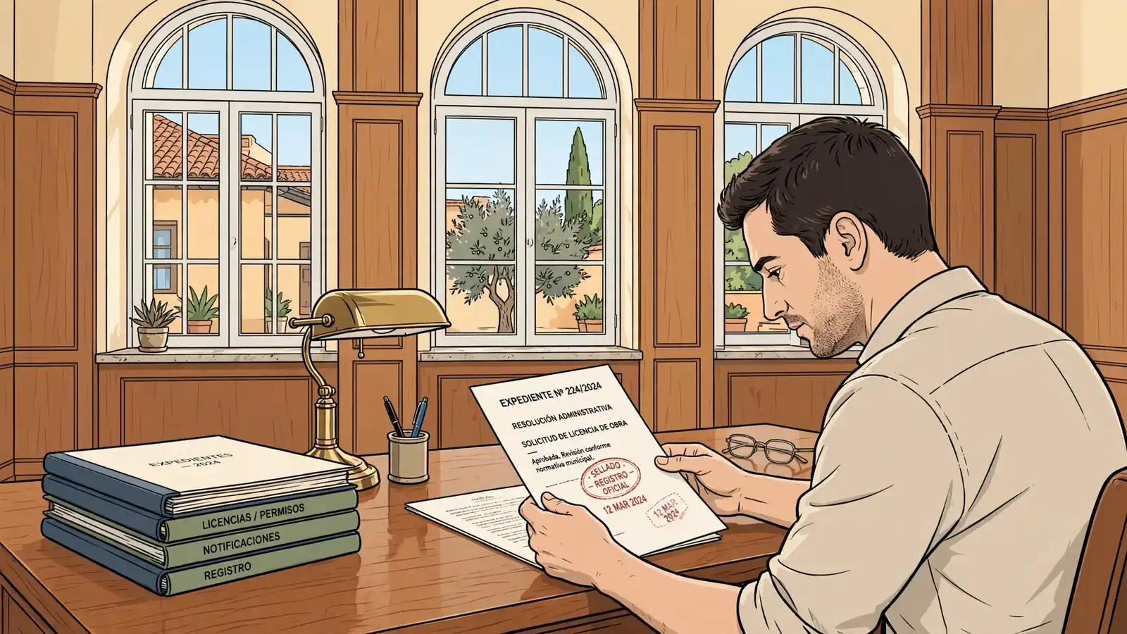 Funcionario examinando documentos oficiales sellados en escritorio español.