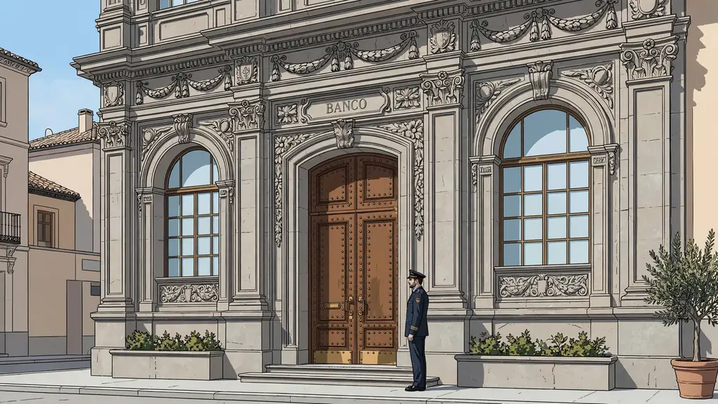 Fachada histórica de banco español con guardias y puertas de madera.