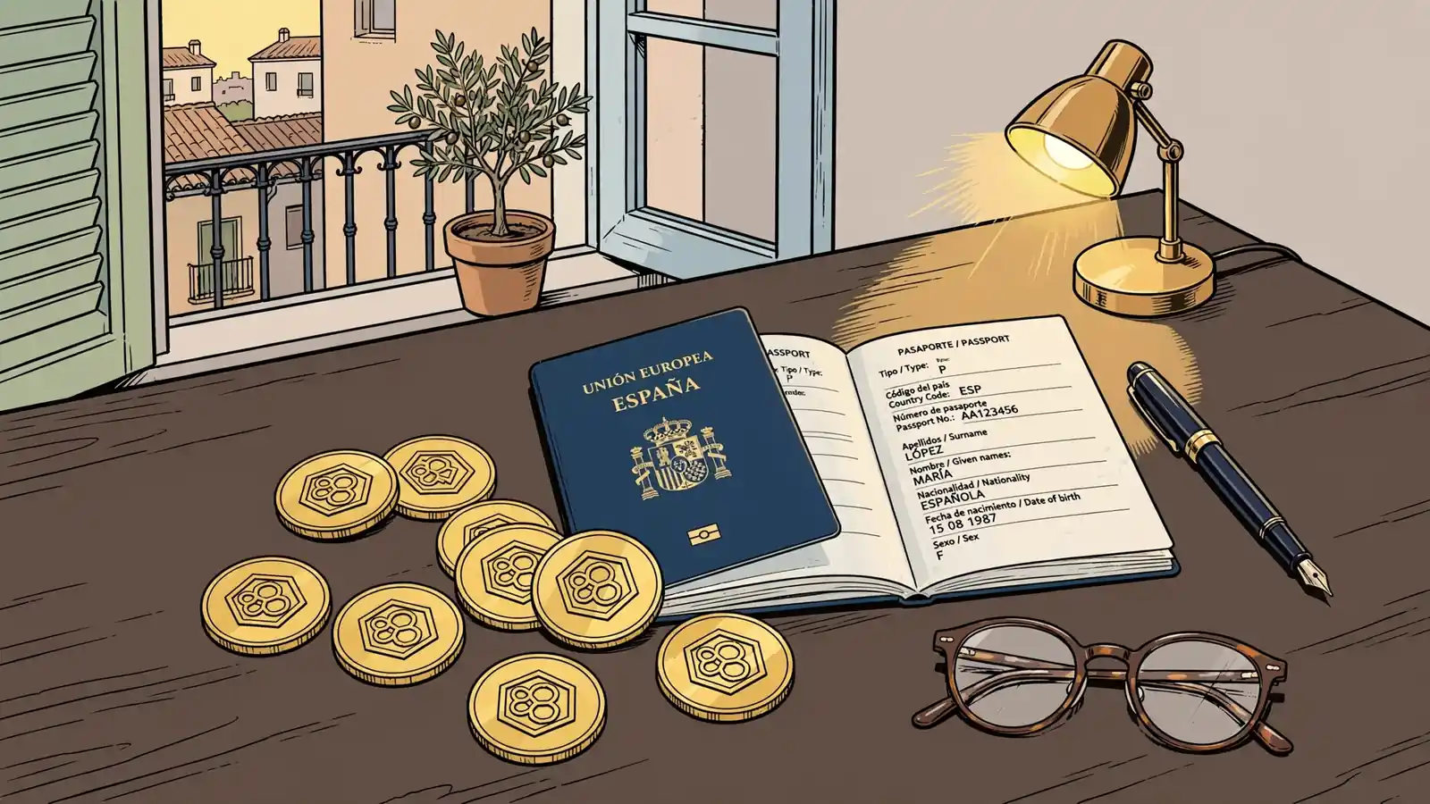 Tokens de criptomonedas dorados junto a pasaporte español sobre mesa.