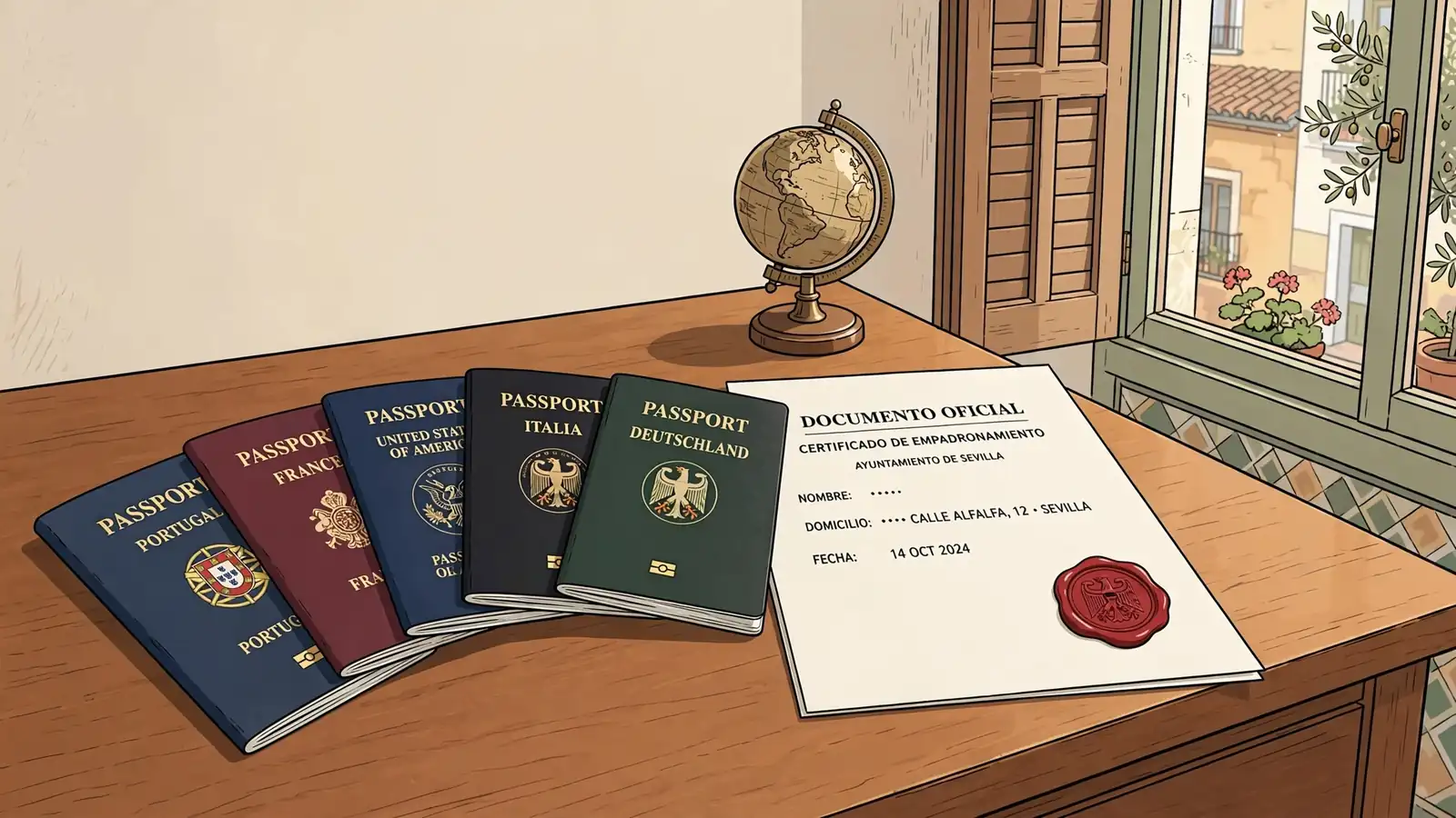 Pasaportes internacionales junto a documento oficial español con sello de cera.