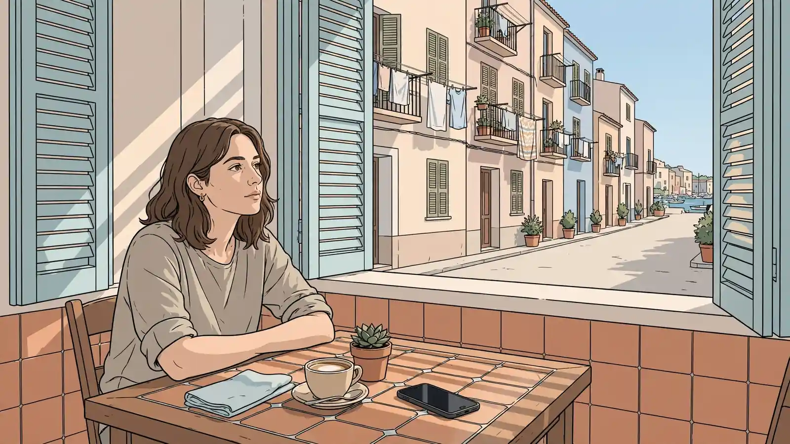 Adulto en una terraza mediterránea con el móvil boca abajo, en un momento de pausa consciente.