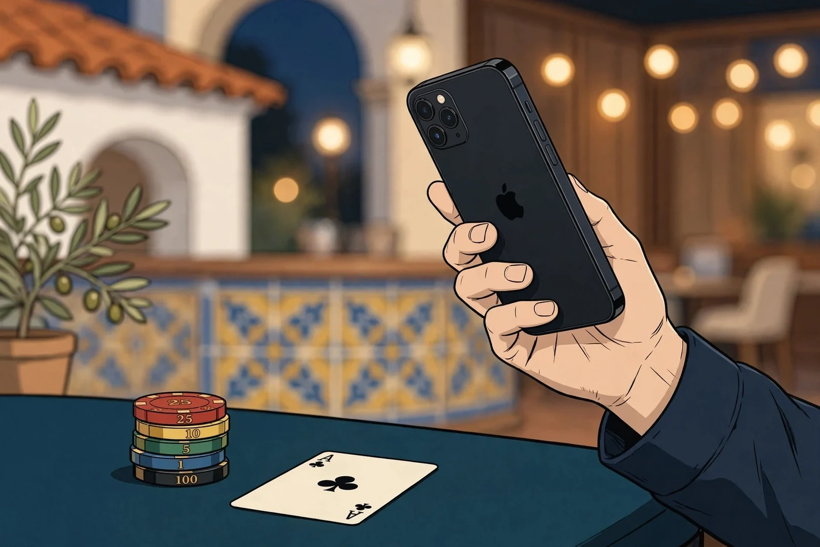 Mano sujetando un iPhone moderno junto a fichas de casino y una carta sobre superficie de fieltro.