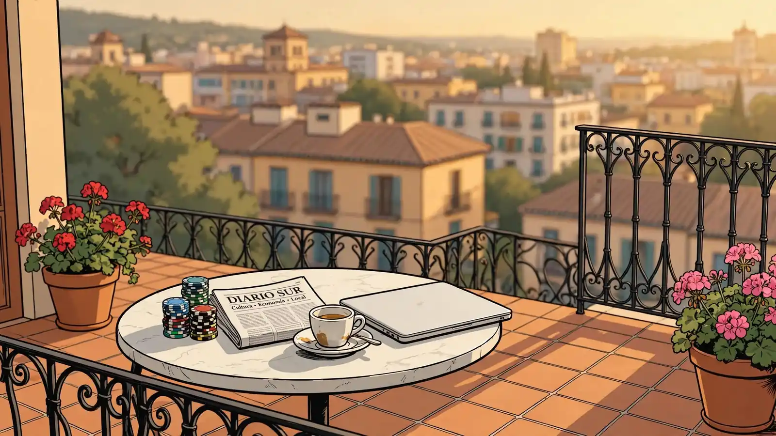Terraza mediterránea española al atardecer con fichas de casino y portátil cerrado sobre mesa de mármol