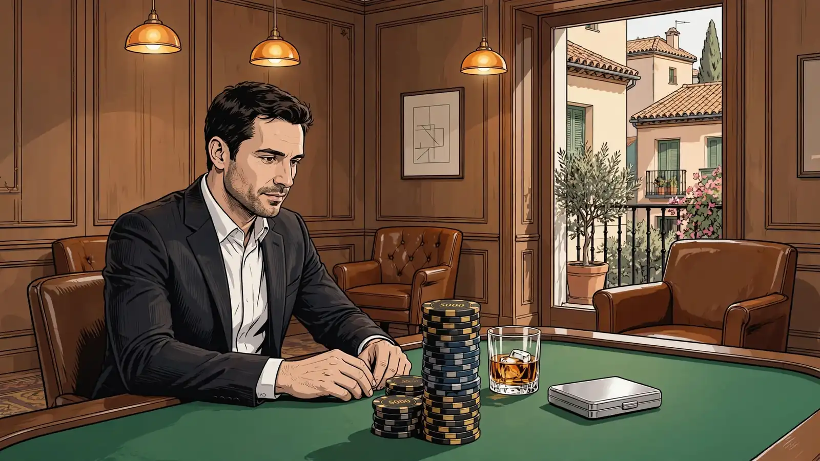 Jugador elegante en sala privada de juego con fichas de casino y luz cálida