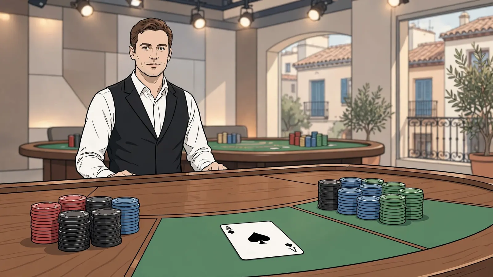Estudio de casino en vivo con crupier profesional y mesa de blackjack con fichas