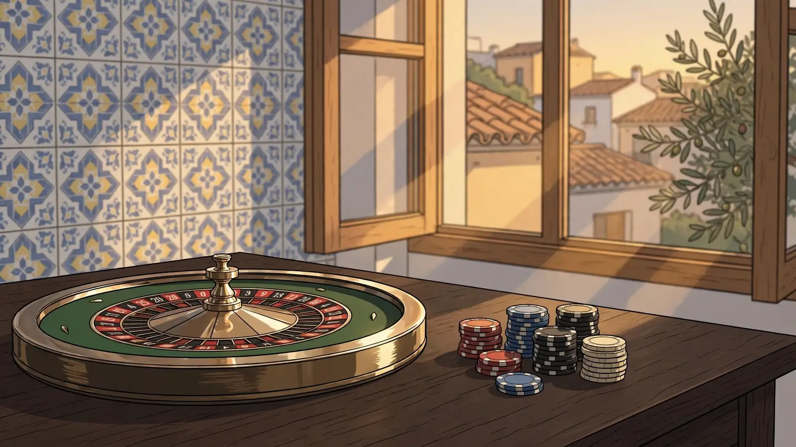 Ruleta y fichas de casino sobre mesa de madera con azulejos españoles