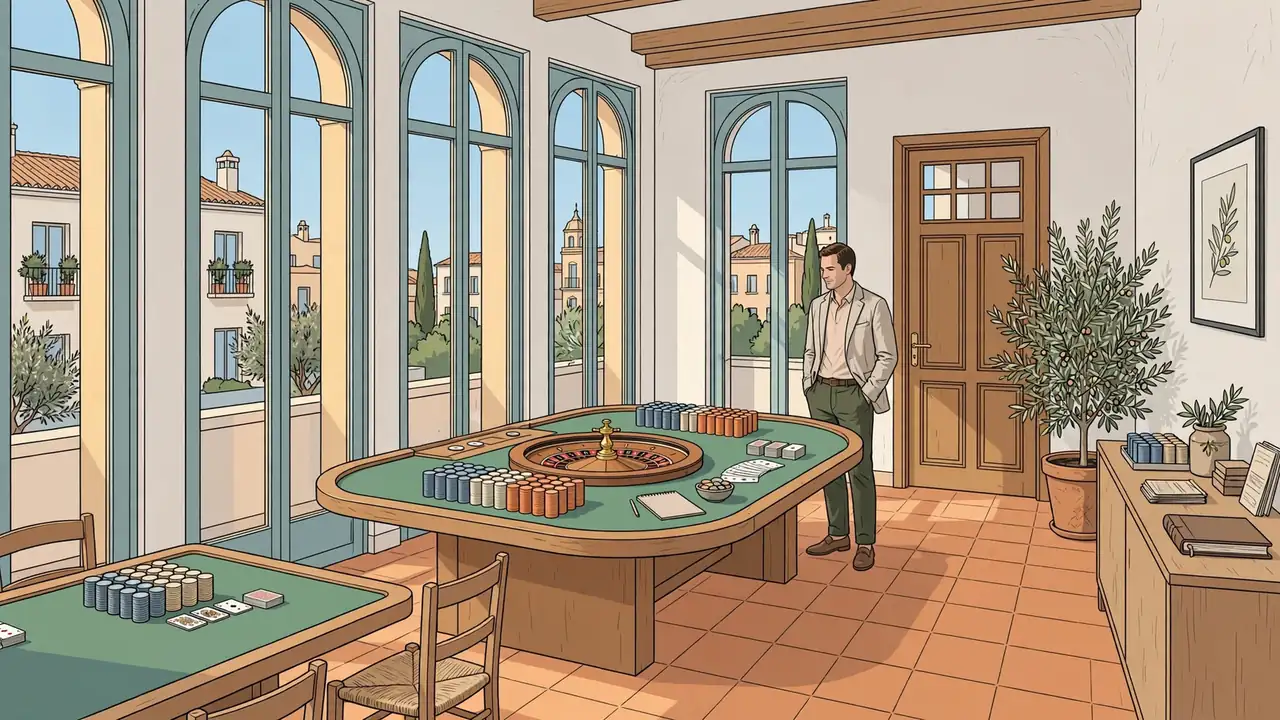 Interior de casino moderno en una ciudad española con mesas de cartas y ruleta.