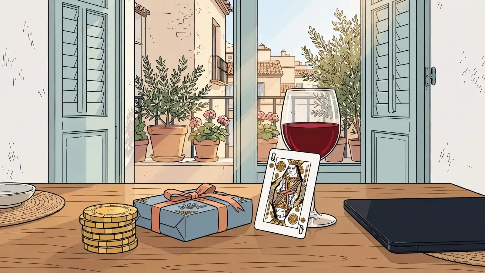 Mesa con fichas de casino doradas, caja de regalo, carta y vino español junto a una laptop cerrada.
