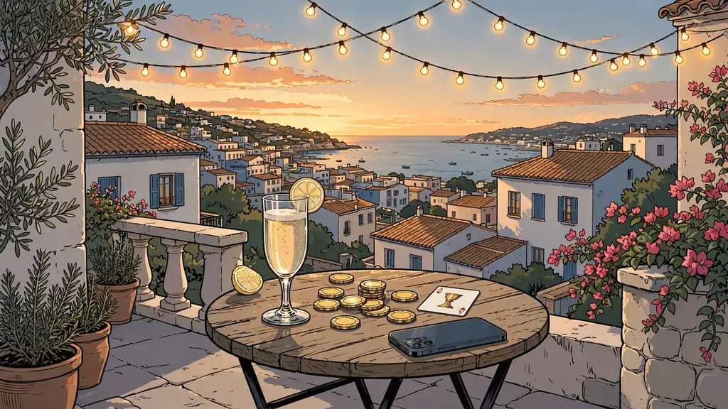 Terraza española al atardecer con fichas de casino, carta y copa de cava junto a un móvil boca abajo.