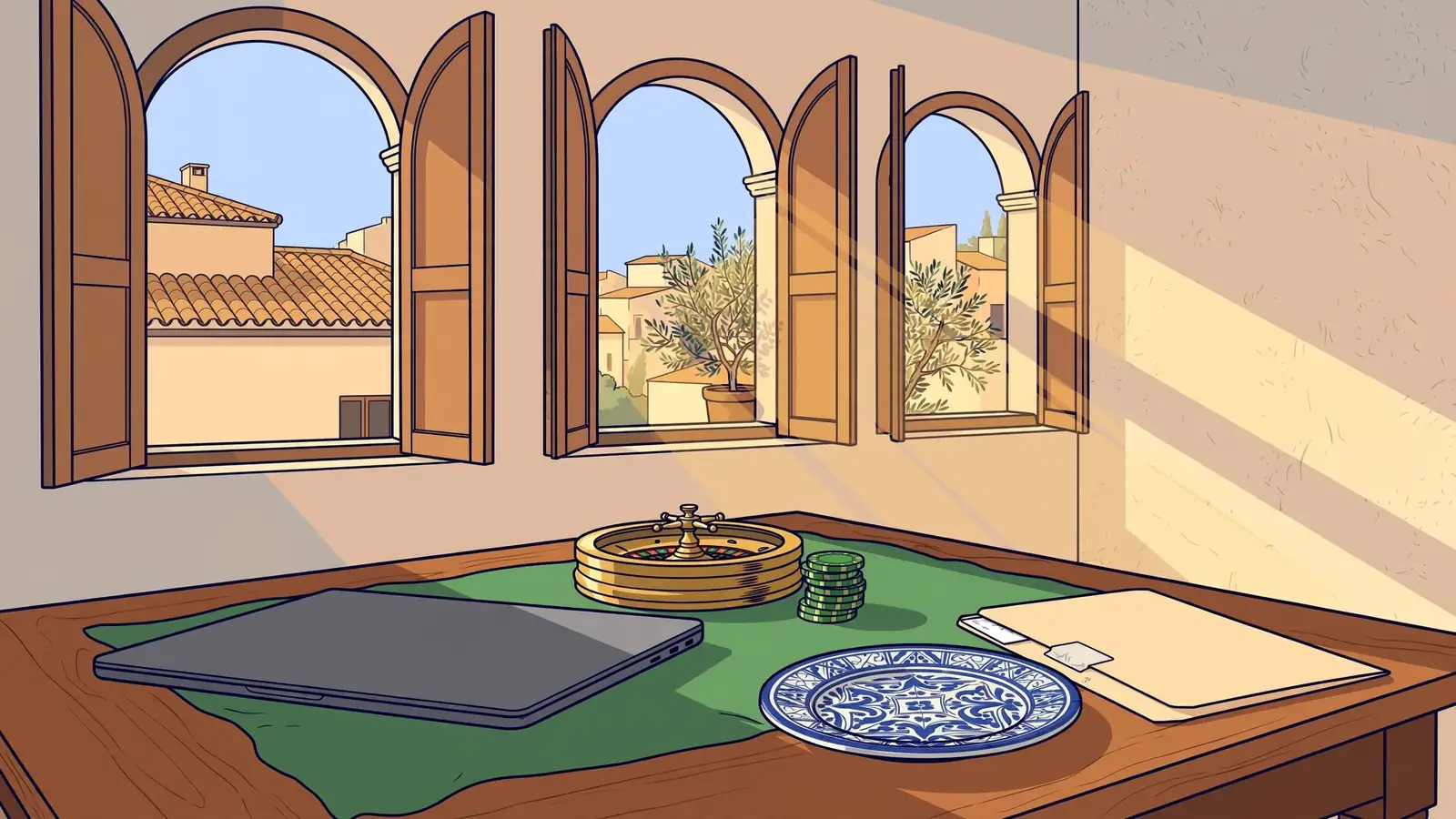 Mesa de madera con ruleta de latón, fichas verdes y portátil cerrado bajo luz mediterránea en salón español.