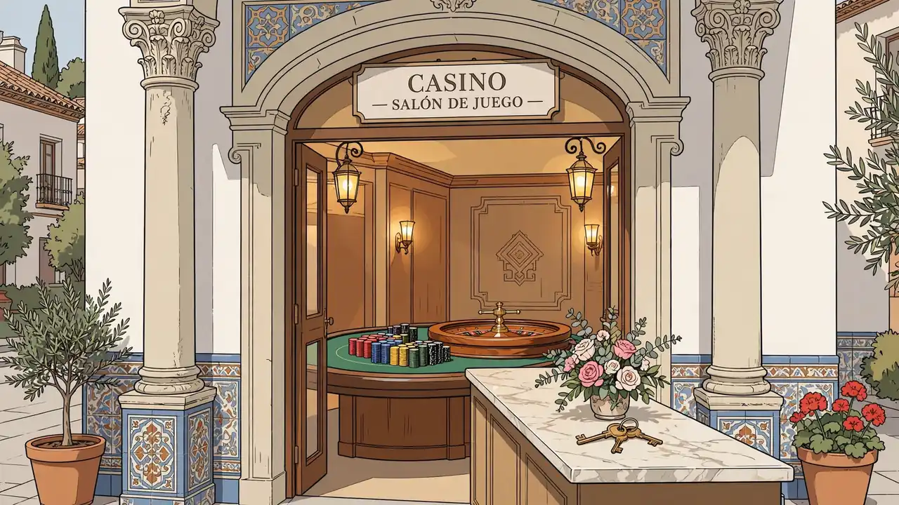 Entrada elegante de casino español con fichas de póquer y ruleta sobre mesa verde.