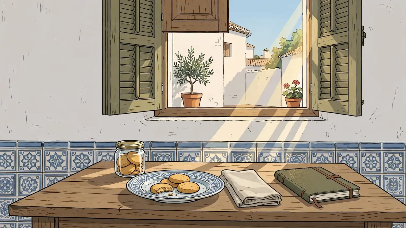 Mesa de cocina española con tarro de galletas y luz cálida.