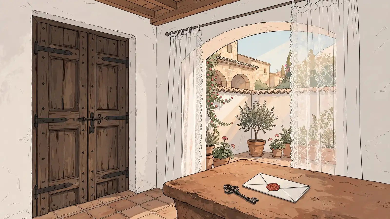 Puerta cerrada de madera con cerradura y llave sobre mesa de terracota, luz cálida mediterránea.