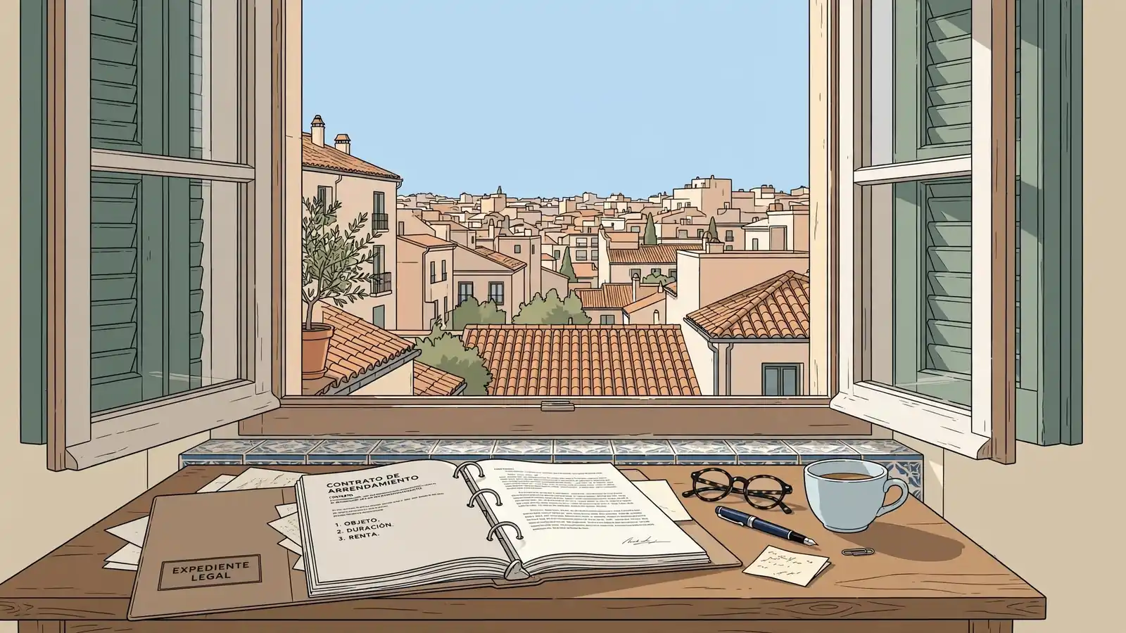 Escritorio con documentos legales junto a ventana con vistas a tejados mediterráneos