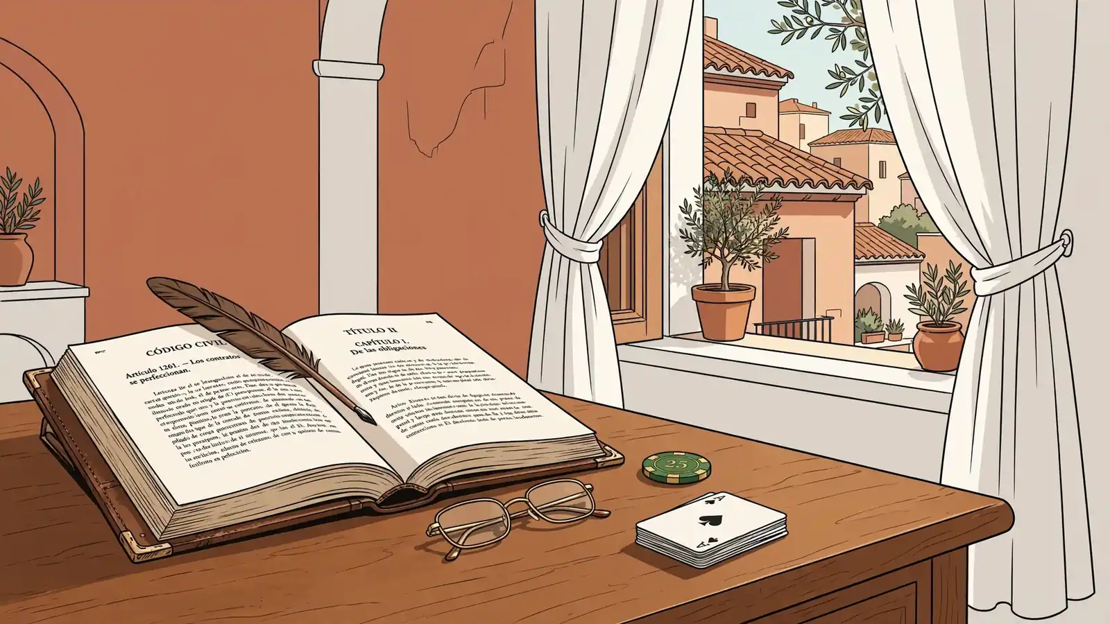 Libro de términos legales sobre escritorio de madera con ficha de casino y naipes.
