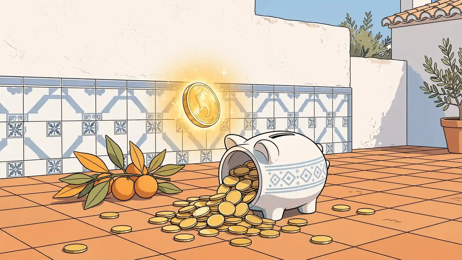 Monedas doradas y hucha bajo luz mediterránea en terraza española