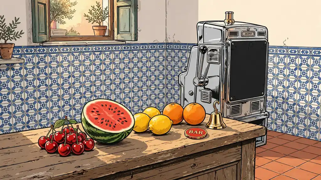 Frutas clásicas de tragaperras sobre una barra de tasca española con máquina tragaperras vintage