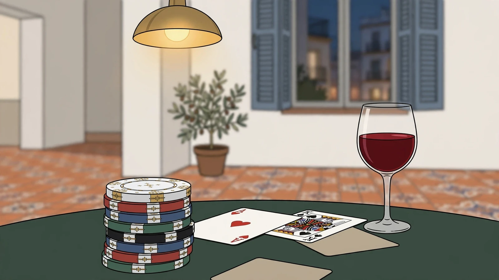 Fichas de casino y cartas sobre mesa de fieltro verde con copa de vino