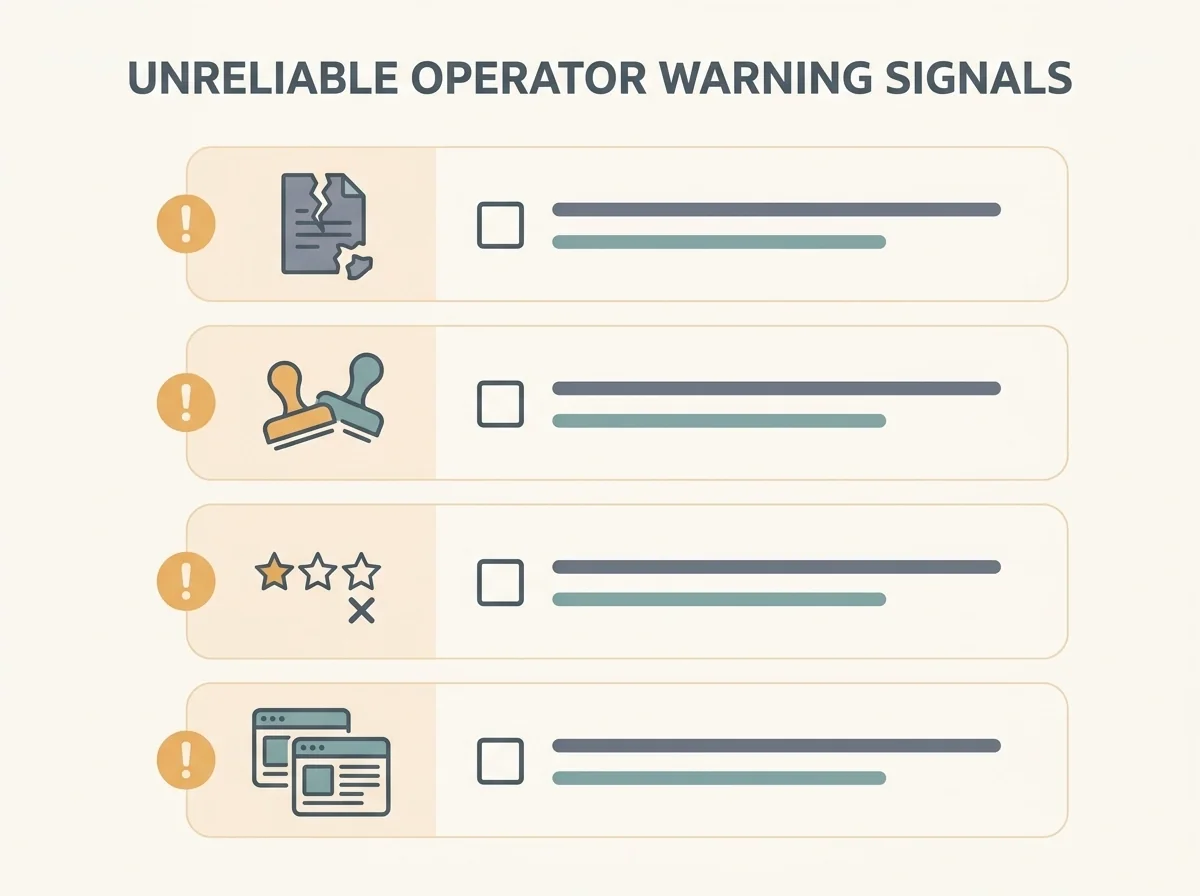 Listado visual de señales de advertencia de un operador de casino no fiable